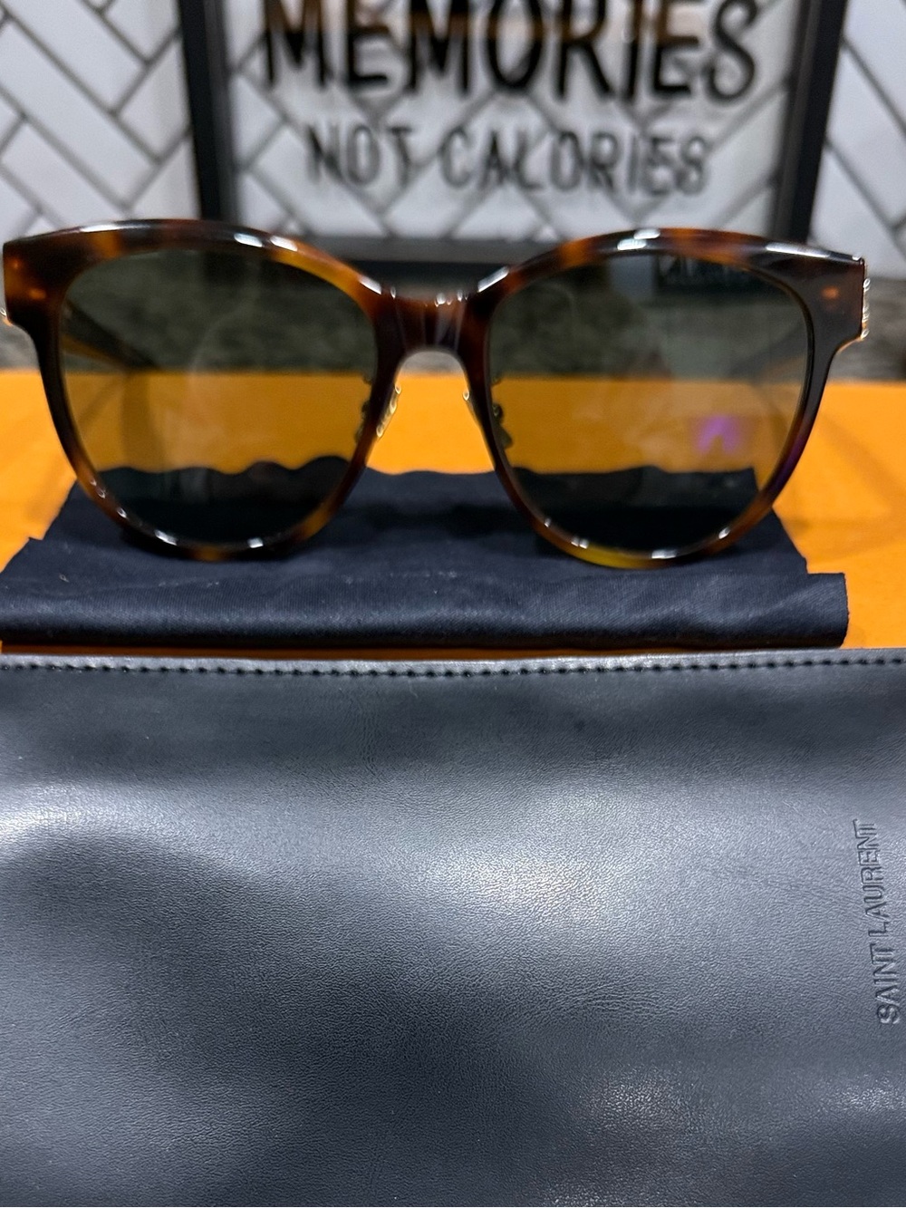 Saint Laurent Tortoiseshell Frame Sunglasses with Dark Green Lenses